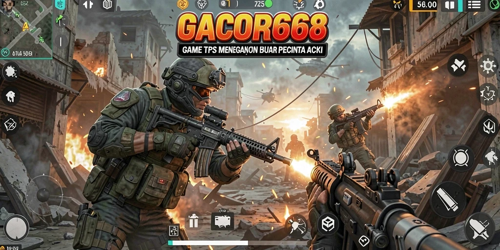Screenshot utama GACOR668 menampilkan aksi pertempuran TPS yang intens.