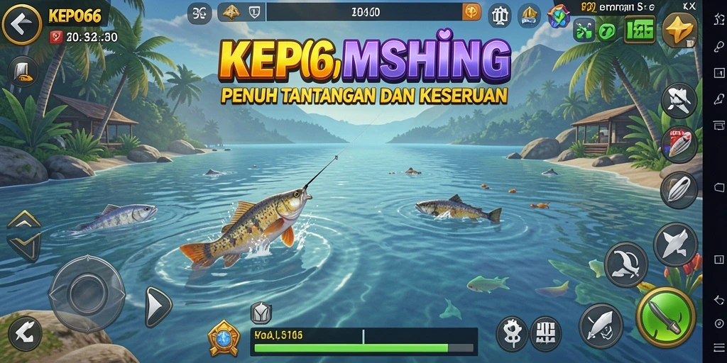 Tampilan gameplay KEPO66 saat menangkap ikan di lokasi yang indah.