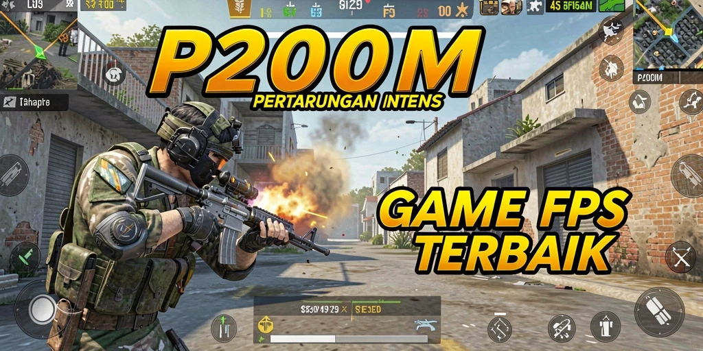 Screenshot menampilkan pertempuran intens dalam game FPS P200M.