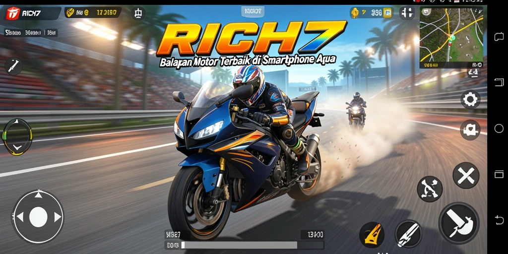 Screenshot gameplay RICH7 menunjukkan balapan motor yang mendebarkan.