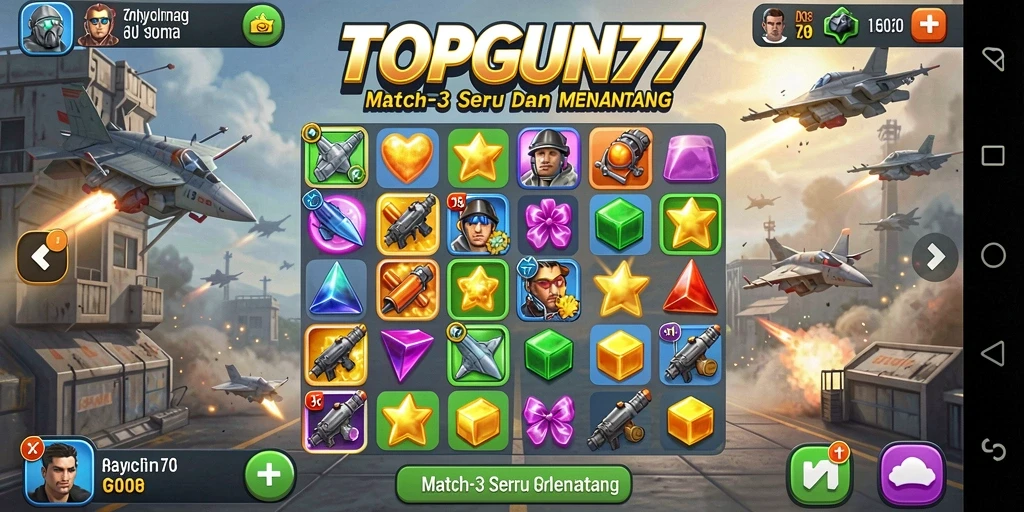Tangkapan layar gameplay seru dari TOPGUN77 saat mencocokkan elemen Match-3.